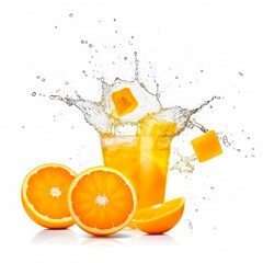 Fototapeta na wymiar orange into of burst splashes of juices on white. Vector illustration. Generative AI.