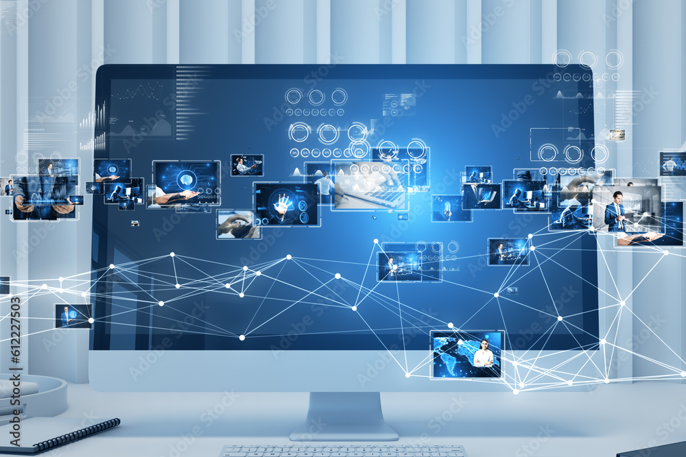 Poster connecting businesspeople, video conference concept. close up of computer monitor with polygonal mes