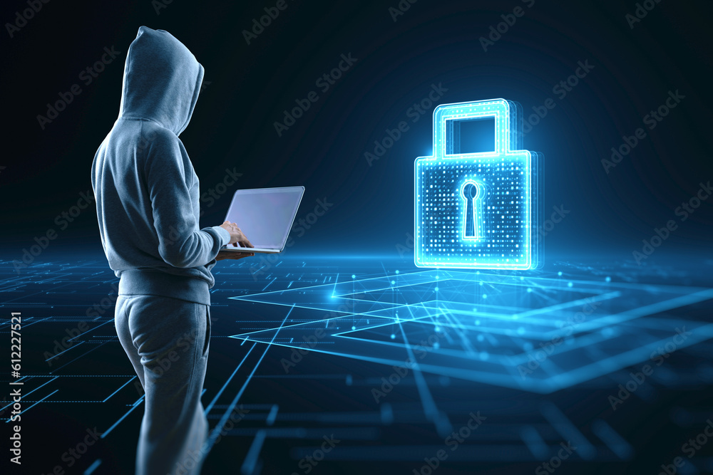 Poster Cyberattack, internet security, information and data safety concept with person in hoody back view using modern laptop in front of digital glowing closed padlock on abstract technological background