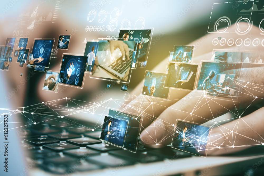 Poster connecting businesspeople, video conference concept. close up of hands using laptop keyboard with po