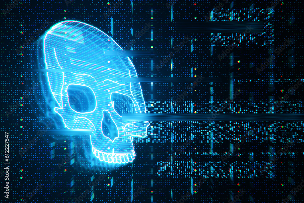 Poster abstract glowing digital blue glitch skull hologram on dark wallpaper. virus, crime and hacking conc