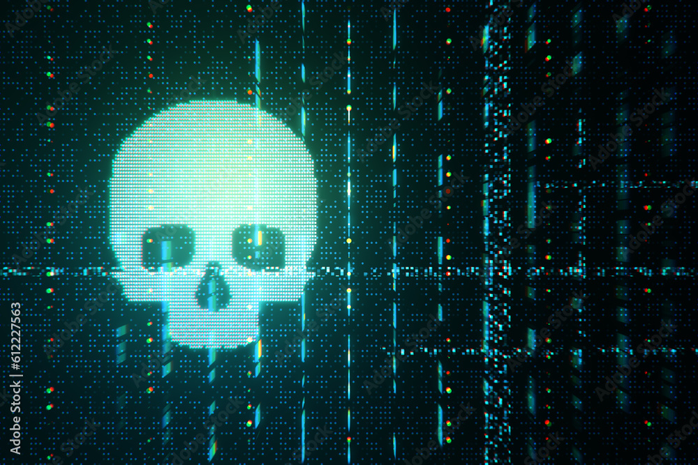 Aufkleber abstract glowing digital blue glitch skull hologram on dark backdrop. virus, crime and hacking conce