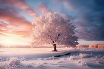 Fototapeta na wymiar Winter Wonderland: Snow-Covered Forest, Crisp Frosty Atmosphere, Sunset, and Serene Beauty of the Winter Season - Generative AI