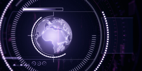 Creative glowing purple map or globe hologram on dark background. Earth, metaverse and technology concept. 3D Rendering.
