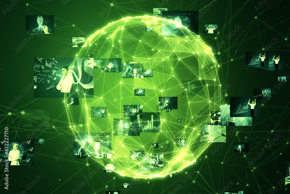 Poster connecting businesspeople, video conference concept. abstract green globe with polygonal mesh and im