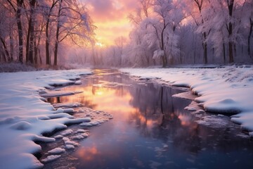 Winter Wonderland: Snow-Covered Forest, Crisp Frosty Atmosphere, Sunset, and Serene Beauty of the Winter Season - Generative AI - obrazy, fototapety, plakaty