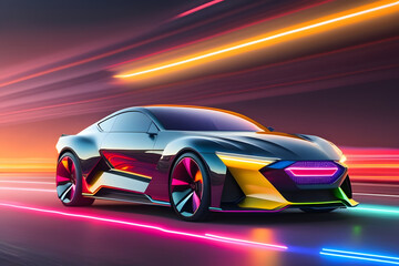 Obraz na płótnie Canvas Speeding Sports Car On Neon Highway supercar on a night track with colorful lights and trails created with Generative AI technology