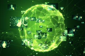 Connecting businesspeople, video conference concept. Abstract green globe with polygonal mesh and...