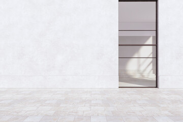 Modern glass showcase in concrete building exterior with mock up place on wall. Shop and retail concept. 3D Rendering.