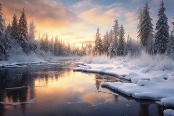 Fototapeta na wymiar Winter Wonderland: Snow-Covered Forest, Crisp Frosty Atmosphere, Sunset, and Serene Beauty of the Winter Season - Generative AI