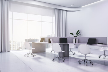 Modern coworking office interior design with cozy workspace area, white chairs, modern laptops on stylish table, city view from big window and light wall background. 3D rendering