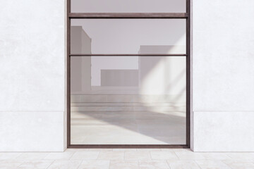 New glass showcase in concrete building exterior. Shop and retail concept. 3D Rendering.