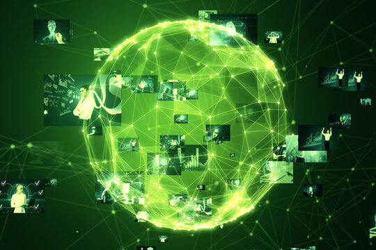 Connecting businesspeople, video conference concept. Abstract green globe with polygonal mesh and images on blurry background. 3D Rendering.