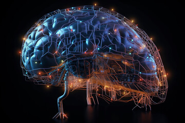 Artificial intelligence neural networks brain concept.  Generative AI illustration