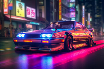 Fototapeta na wymiar Retro Revival: Classic Car on Tokyo Street, Embracing Retrowave Aesthetics, Generative AI