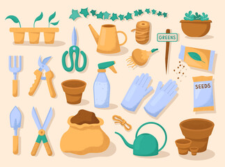 Gardening items. Planting equipment, watering can, shovel and pot