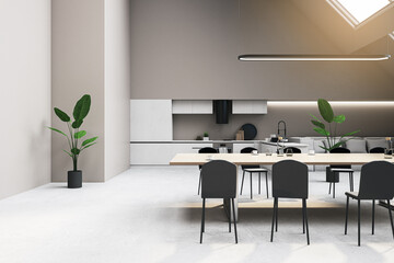 Contemporary loft kitchen interior with window and daylight, concrete flooring, furniture and dining table. 3D Rendering.