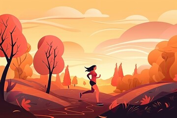 Sporty woman running in autumn forest at sunset illustration. Running outdoors in nature concept, AI Generated
