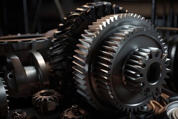 Fototapeta na wymiar 3d illustration of gear wheels, close up. Industrial background, Realistic industrial engine gear and wheels, AI Generated