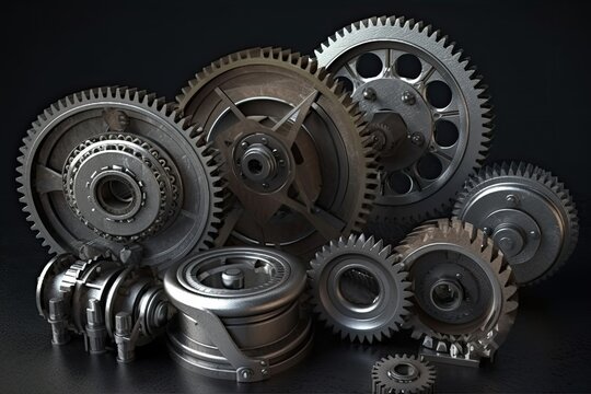 Gear wheels on a black background. Close up. 3D rendering, Realistic industrial engine gear and wheels, AI Generated