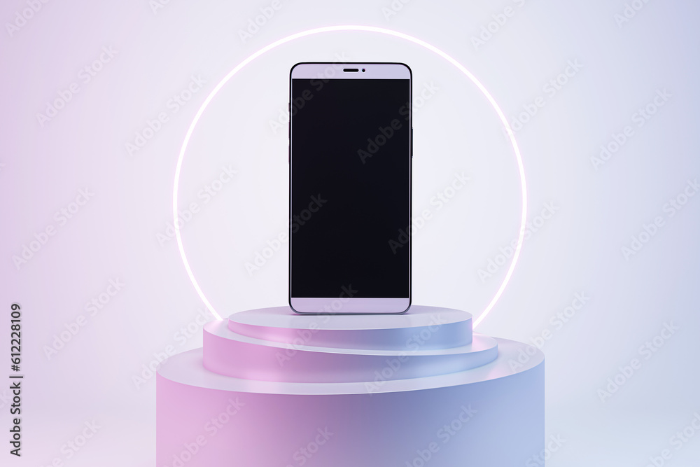 Poster front view on blank dark smartphone screen for web design or logo brand on stylish cylindrical stand