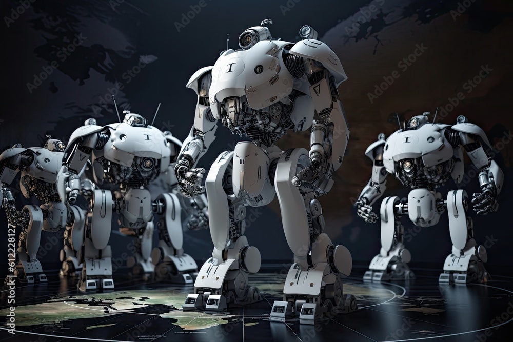 Poster 3d rendering of a robot on the background of the world map, robots conquering the world, ai generate