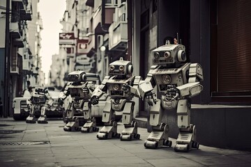 Naklejka na ściany i meble Retro robots in the street of Istanbul. Filtered image processed vintage effect. Robots conquering the world, AI Generated