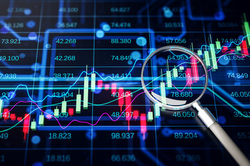 Creative colorful forex chart grid with magnifier on black wallpaper. Trade chart stock analysis on financial business money market background. 3D Rendering.