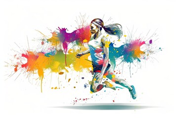 Colorful illustration of a young woman running with colorful splashes. Running athletics sport women colorful splash, AI Generated