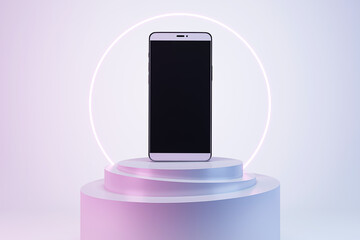 Front view on blank dark smartphone screen for web design or logo brand on stylish cylindrical stand on light wall background with glowing circle, advertising, marketing concept. 3D rendering, mockup