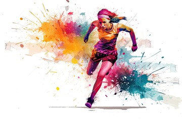 Fototapeta na wymiar Fashion illustration of a beautiful young woman running with colorful splashes. Running athletics sport women colorful splash, AI Generated