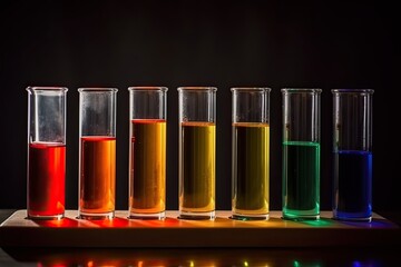Laboratory glassware with multicolored liquid on black background. Science laboratory test tubes filled with colorful tubes, AI Generated