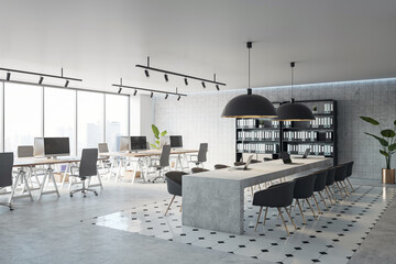 Modern open space office interior design. 3D rendering