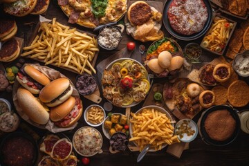 Overhead view of various fast food on wooden table with copy space, So many delicious fast food items on top view on a table, AI Generated