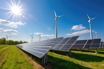 Solar panels and wind turbines alternative electricity source concept of sustainable resources, Solar panels and wind turbines generate electricity, AI Generated