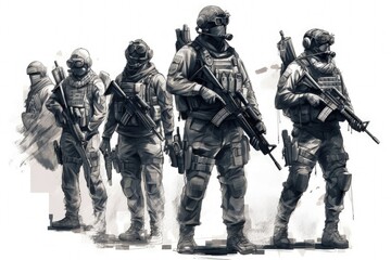 Soldiers of the Second World War on a white background. Digital illustration