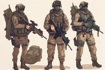 Soldiers in full gear and with assault rifle. Vector illustration. Special Forces Military Unit in Full Tactical Gear, AI Generated