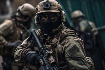 Portrait of a special forces soldier with assault rifle on the street, Special Forces Military Unit in Full Tactical Gear, AI Generated