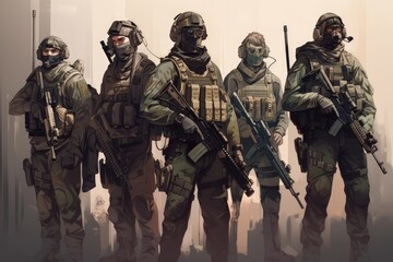 United States Marine Special Forces soldiers in uniform with assault rifle and assault rifle, Special Forces Military Unit in Full Tactical Gear, AI Generated