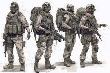 Soldiers in full gear. illustration of soldiers in full gear. Special Forces Military Unit in Full Tactical Gear, AI Generated