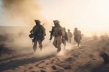 United States Navy special forces soldiers in action during a desert mission. Special military soldiers walking in a smoky desert, AI Generated
