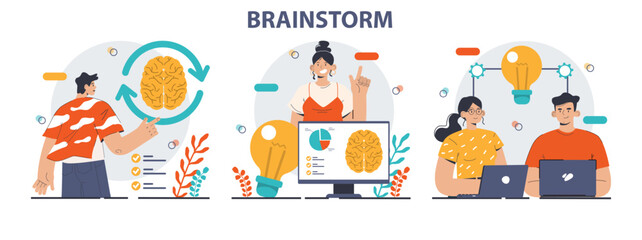 Fototapeta premium Brainstorm set. New idea generation in a teamwork discussion