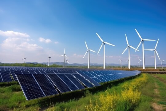 Solar panels and wind turbines in a solar power plant, alternative electricity source, Solar panels and wind turbines generate electricity, AI Generated