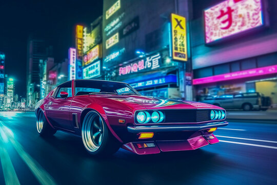 Retro Revival: Classic Car on Tokyo Street, Embracing Retrowave Aesthetics, Generative AI