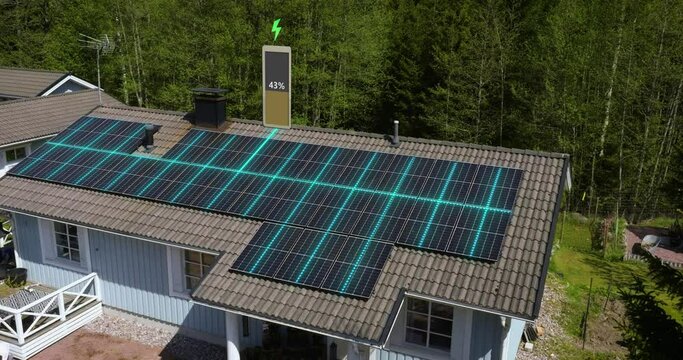 Detached family home generating sunlight energy through solar cells - VFX render