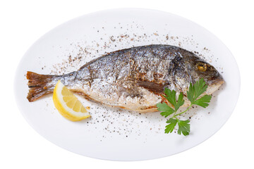 Plate of baked fish isolated on transparent background, top view