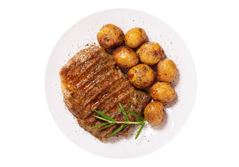 plate of  grilled meat with rosemary and potatoes isolated on transparent background, top view