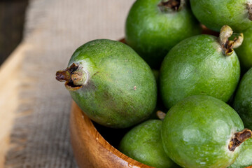 Delicious sweet and sour green feijoa on the table