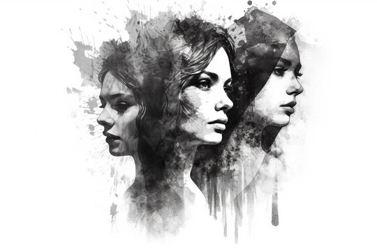 Black and White Portrait of Three Woman With Neutral Faces, Representing Depression, Sadness, and Negative Emotions, Grunge Style Illustration, Generative AI