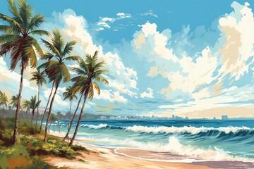 Obraz na płótnie Canvas a summer day on the beach with ocean all over horizon with palms
